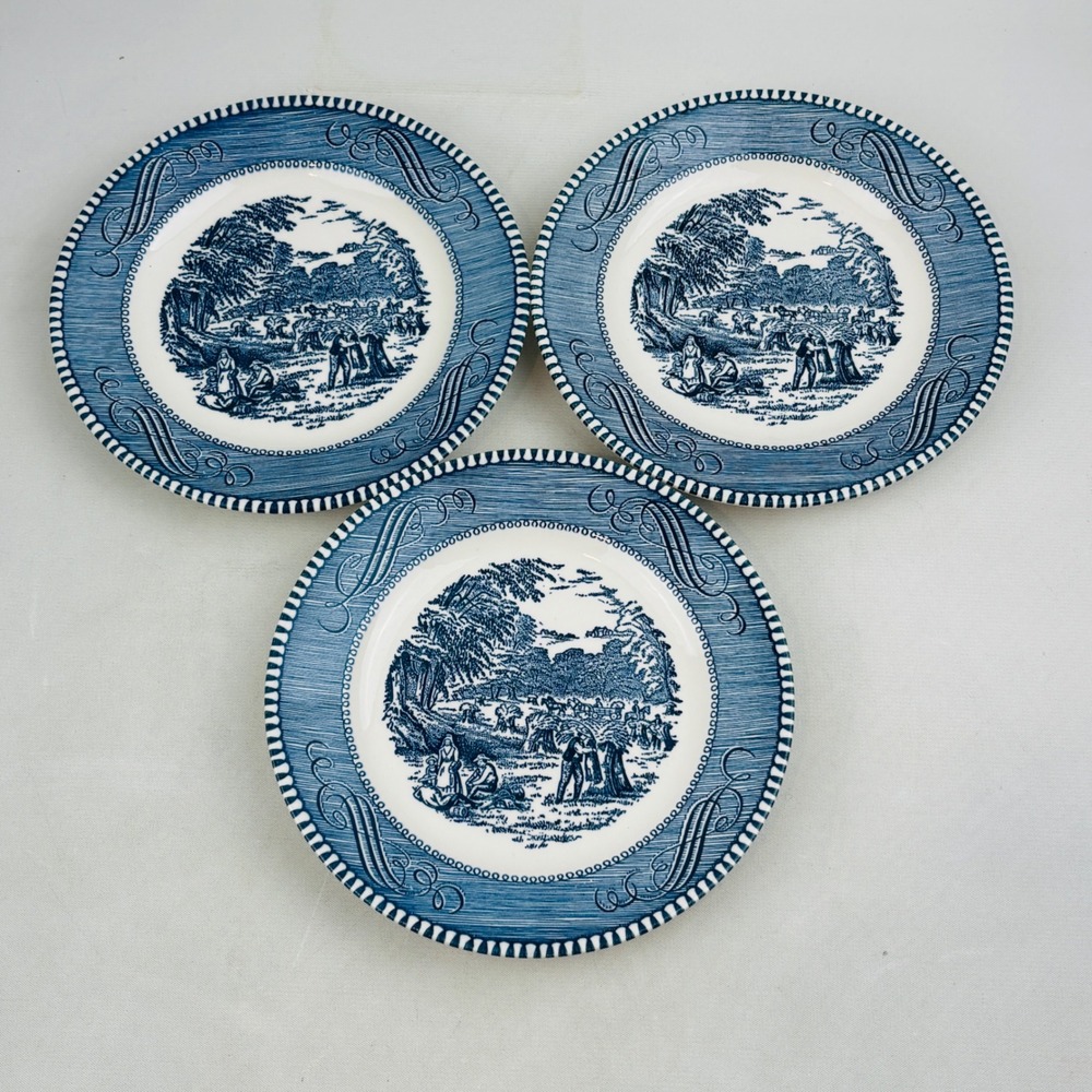 Currier & Ives Harvest 6" Bread Butter Plates Set of 3 Blue White Vintage